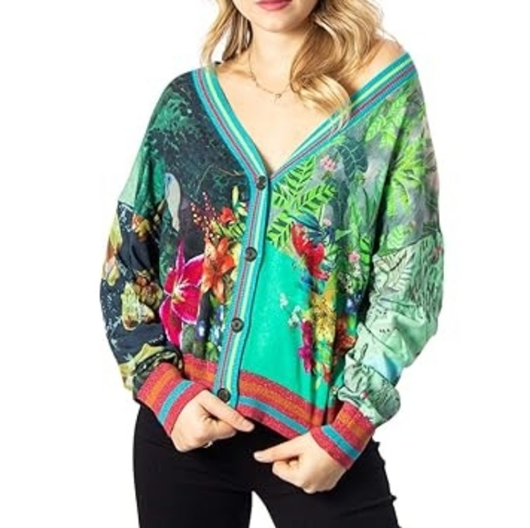 Desigual XL Eclectic Boho Art to Wear Tropical Floral Colorful Metallic Cardigan - Picture 3 of 16